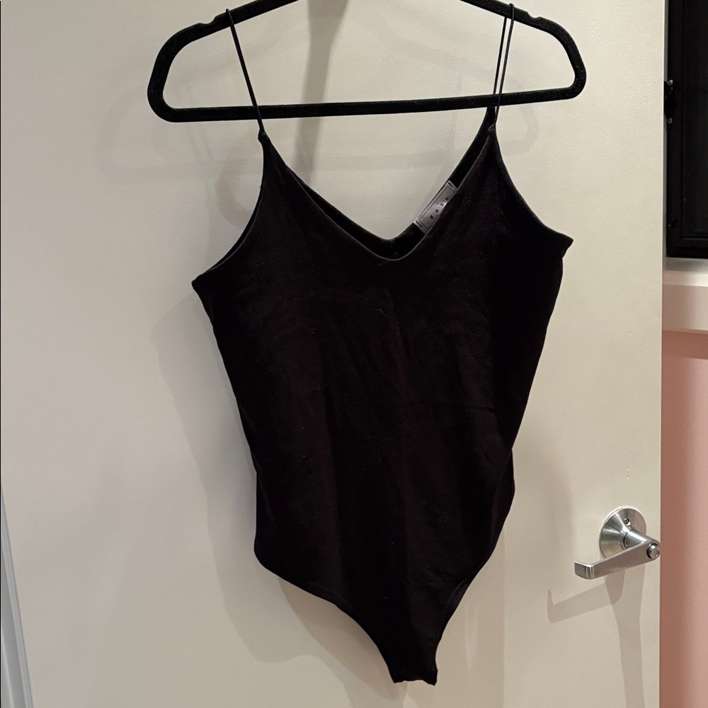 Black V-Neck Spaghetti Strap Bodysuit Medium Gaze soft fabric